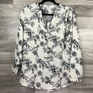 Profile Apparel Womens Popover Shirt Beige Black Floral Roll Tab Sleeve Button M